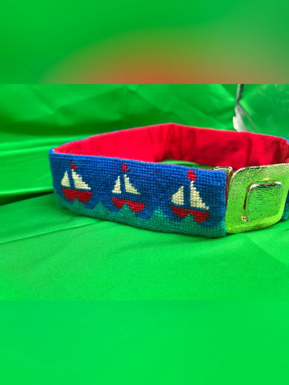 Kids Blue Sailboat Embroidered Belt with Red Lining